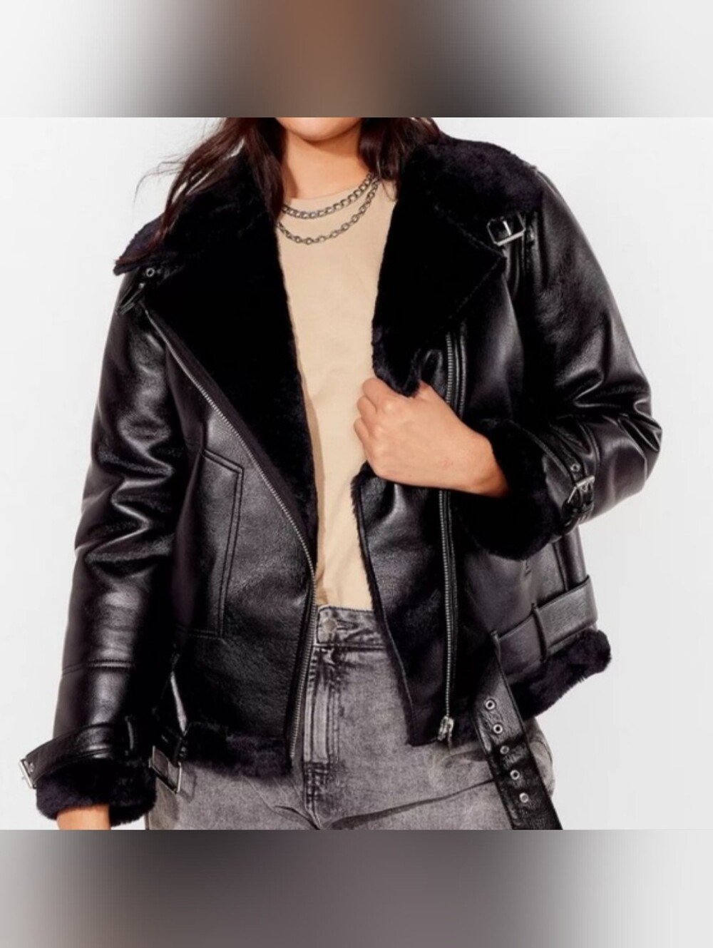Nasty Gal Faux Leather Aviator Moto Jacket Furry Trim
